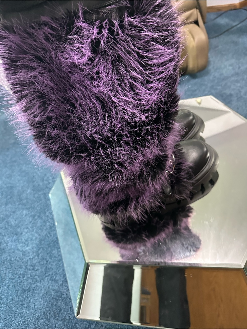 Faux Fur Azalea Wang Purple Knee-High Combat Boots fur Women 12 - Picture 5 of 10